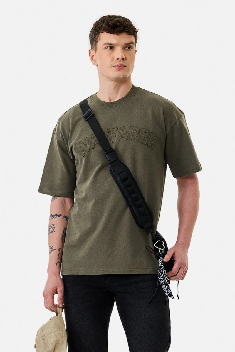 Snitch Olive Olive Textured Half Sleeve Oversized Streetwear T-Shirt for Men | Best Price UAE