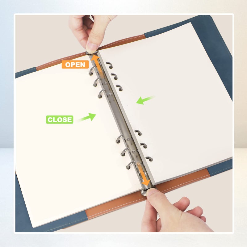 FYY A5 Binder Refillable Planner Notebook 6 Ring PU Leather Binder Journal with Pockets, Dividers, Refill Paper Navy - Image 5