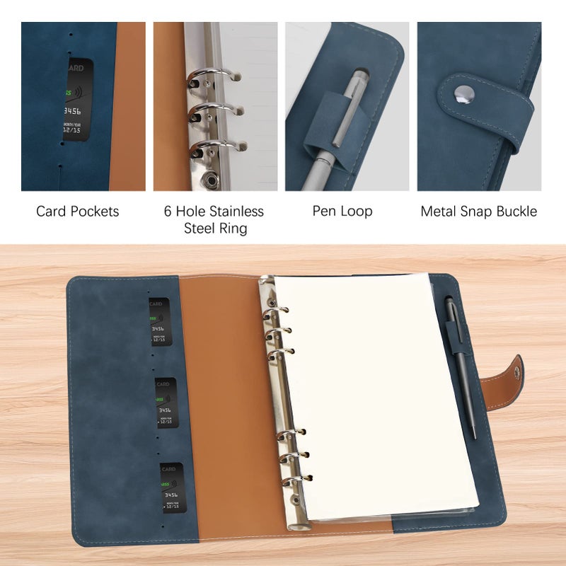 FYY A5 Binder Refillable Planner Notebook 6 Ring PU Leather Binder Journal with Pockets, Dividers, Refill Paper Navy - Image 3