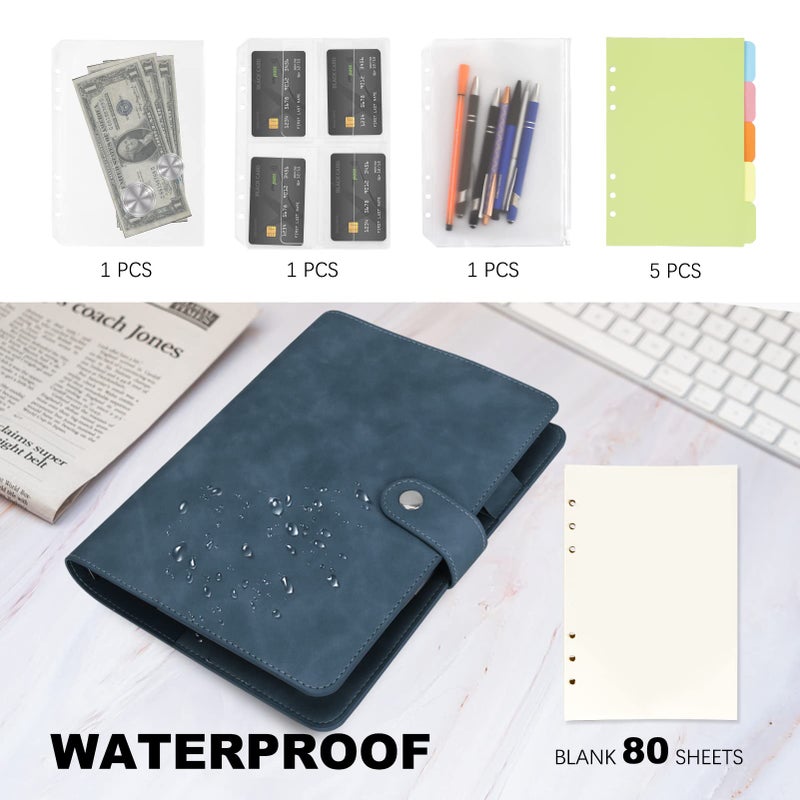 FYY A5 Binder Refillable Planner Notebook 6 Ring PU Leather Binder Journal with Pockets, Dividers, Refill Paper Navy - Image 4