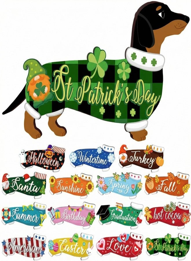 Barydat باريدات، 16 قطعة من لافتات الترحيب بالكلاب القابلة للتبديل، زينة رائعة للباب الأمامي في المواسم المختلفة، ديكور خشبي ريفي للباب والجدار في العطلات، مناسب لعيد الاستقلال، الصيف، الخريف، الهالوين، الكريسماس (كلب). - Image 1