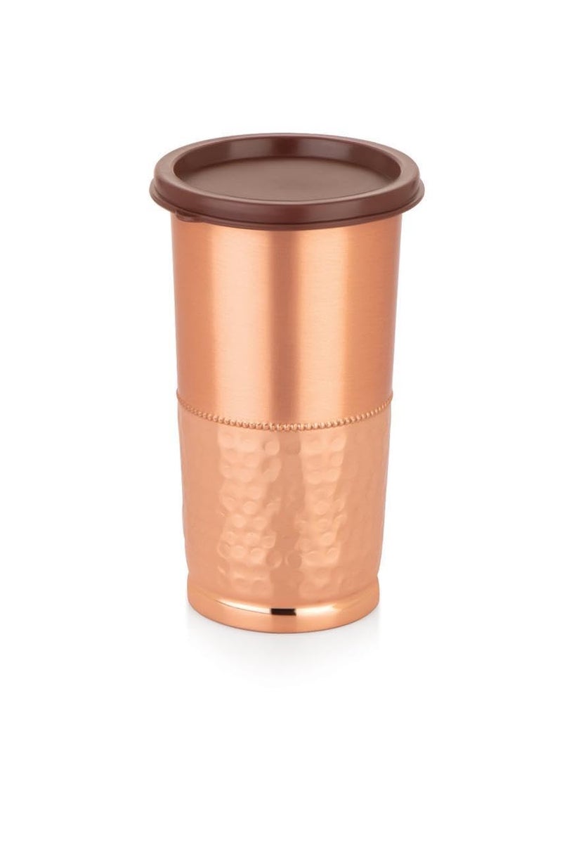 ATTRO Swara Copper Tumbler Glass with Lid, Pure Copper, Durable & Stylish, Ideal for Ayurvedic Use, Water Drinking, Travel, Home & Office – 450ml, Matte-Hammer - Image 1