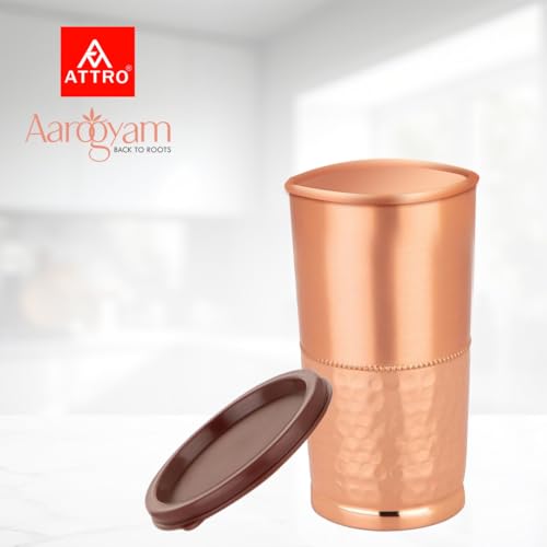 ATTRO Swara Copper Tumbler Glass with Lid, Pure Copper, Durable & Stylish, Ideal for Ayurvedic Use, Water Drinking, Travel, Home & Office – 450ml, Matte-Hammer - Image 3