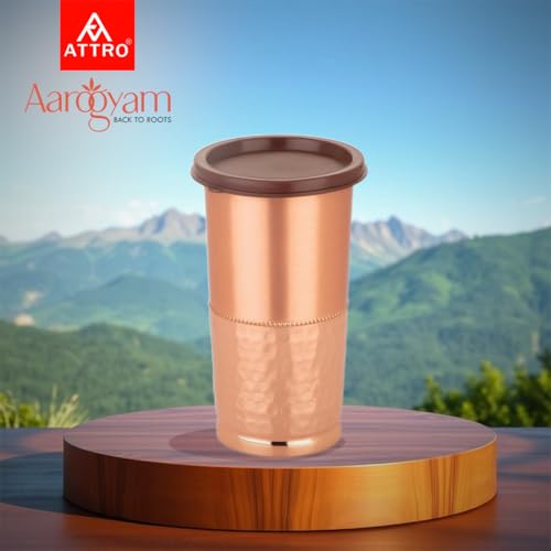 ATTRO Swara Copper Tumbler Glass with Lid, Pure Copper, Durable & Stylish, Ideal for Ayurvedic Use, Water Drinking, Travel, Home & Office – 450ml, Matte-Hammer - Image 2