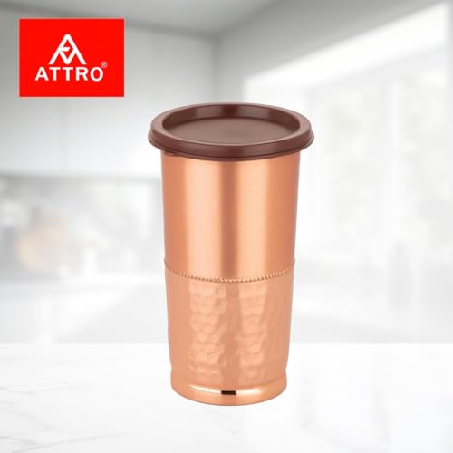 ATTRO Swara Copper Tumbler Glass with Lid, Pure Copper, Durable & Stylish, Ideal for Ayurvedic Use, Water Drinking, Travel, Home & Office – 450ml, Matte-Hammer - Image 4