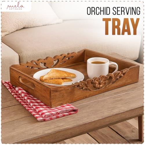 Mela Artisans Orchid Design Wooden Decorative Tray with Handles | 16x12x2.5 Mango Wood Ottoman Tray | for Kitchen Countertop | Coffee Table | Snacks | Desserts | Breads | Bedroom Decor - Image 4
