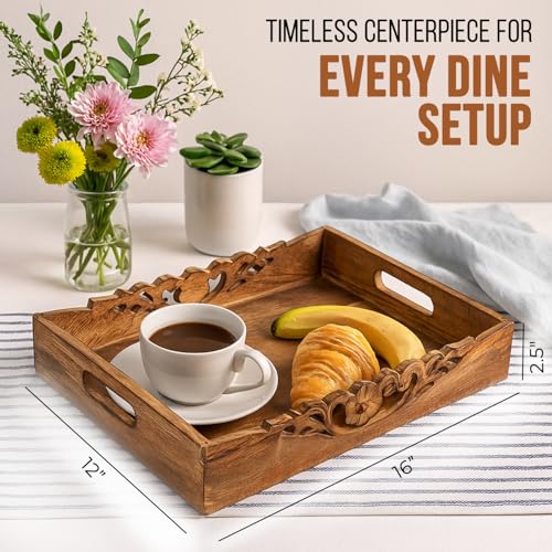 Mela Artisans Orchid Design Wooden Decorative Tray with Handles | 16x12x2.5 Mango Wood Ottoman Tray | for Kitchen Countertop | Coffee Table | Snacks | Desserts | Breads | Bedroom Decor - Image 2