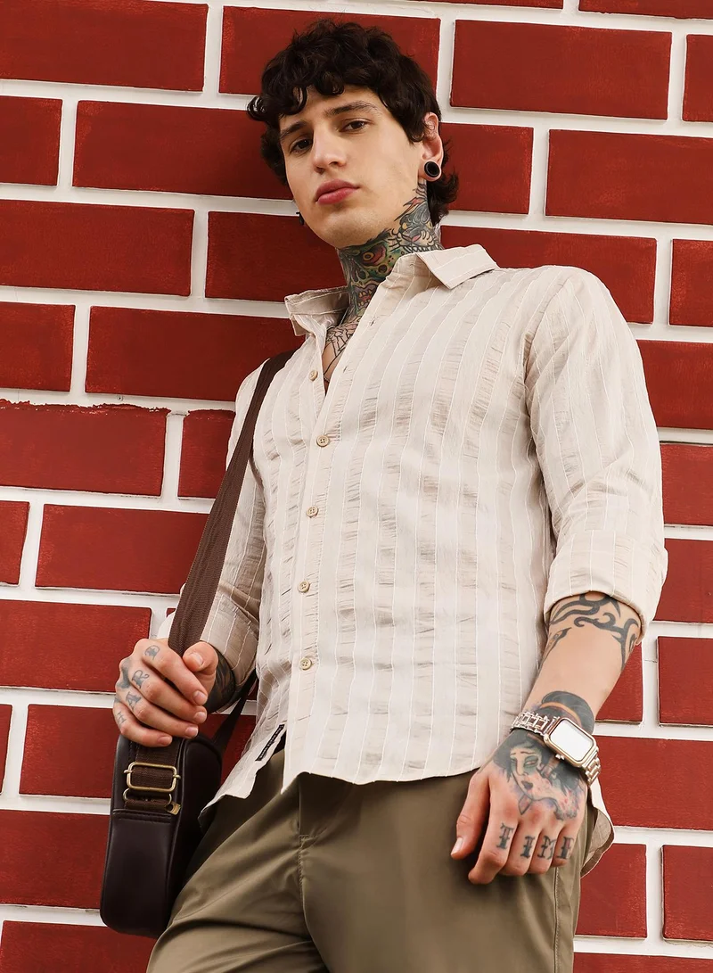 Campus Sutra Campus Sutra Men's Saltbox Beige Textured Candy-Striped Shirt | Spread Collar , Long Cuffed Sleeves , Button Closure , Curved Hem | Stripes Textured | Polyester Blend Shirt For Casual Wear