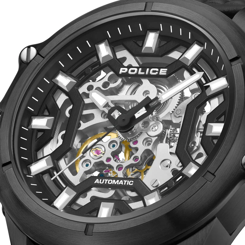 POLICE Luang White Dial Black Leather Strap Gents Automatic Watch With Stainless Steel Case