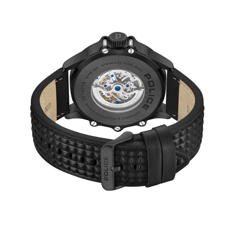 POLICE Luang White Dial Black Leather Strap Gents Automatic Watch With Stainless Steel Case