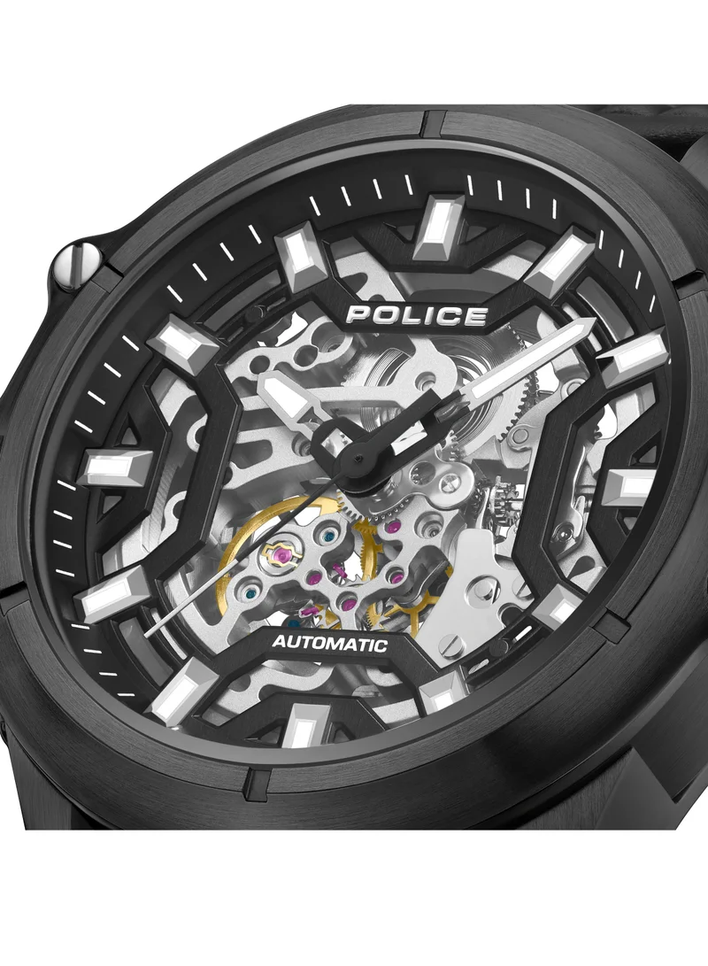 POLICE Luang White Dial Black Leather Strap Gents Automatic Watch With Stainless Steel Case