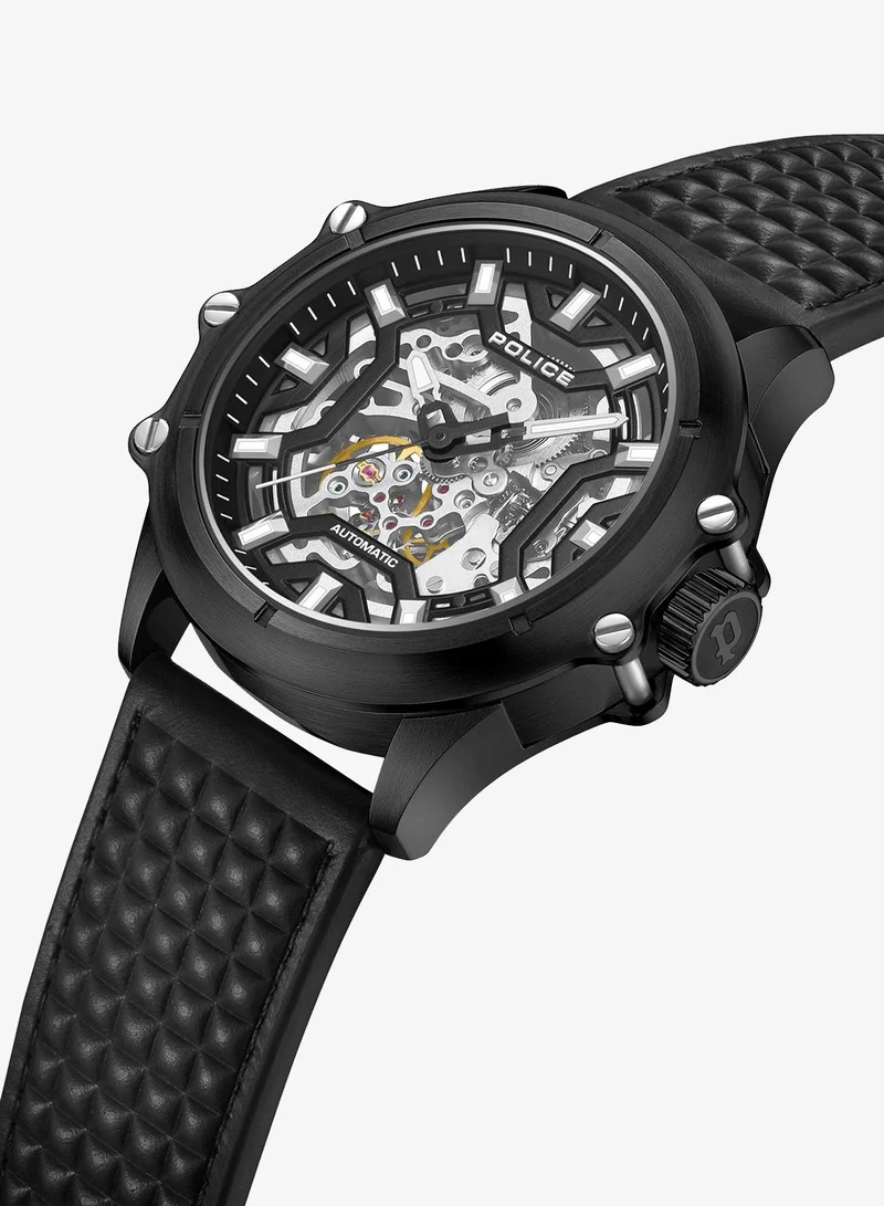 Police Luang White Dial Black Leather Strap Gents Automatic Watch With Stainless Steel Case