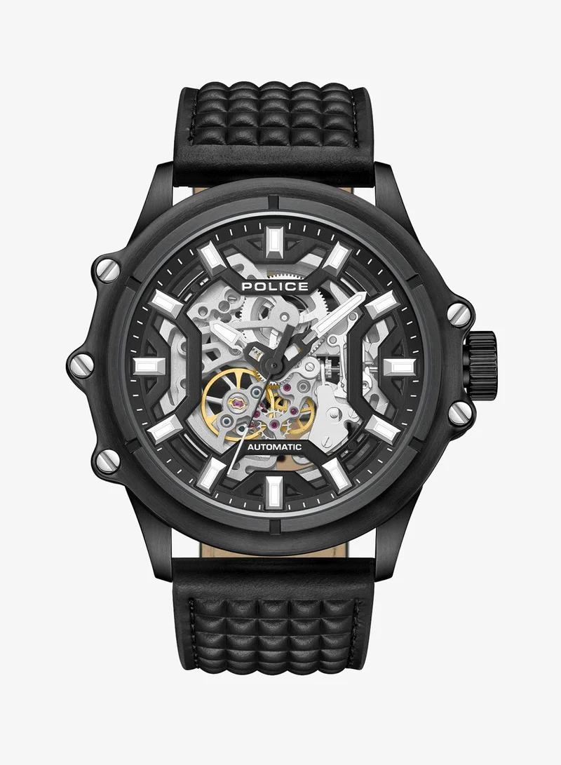 Police Luang White Dial Black Leather Strap Gents Automatic Watch With Stainless Steel Case