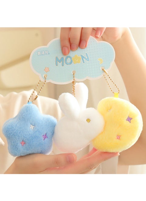 Super Cute Soft Stars Moon Clouds Plush Pendant Retractable Rope Backpack Pendant Rainbow Rabbit Keychain-Specifications:Star Rabbit Moon Triple Pendant-Color:7cm/30g