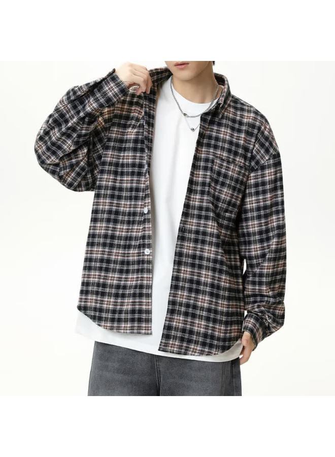 Izexx Vintage Style Colorblock Plaid Shirt Men Spring Summer Casual Lapel Long Sleeve Hm63 Black Gray XL - Image 3