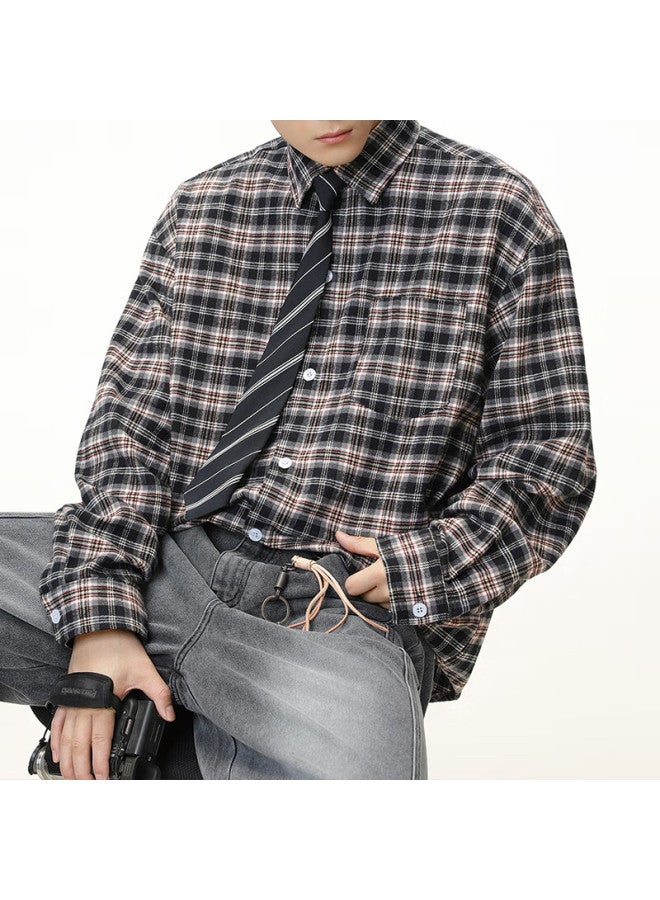 Izexx Vintage Style Colorblock Plaid Shirt Men Spring Summer Casual Lapel Long Sleeve Hm63 Black Gray XL - Image 2