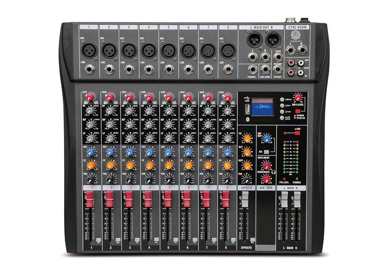 DIGIMORE Professional 8 Channel Mixer | 8 XLR + 6.35MM Input Ports | USB MP3 & BT Support | 48V Phantom Power | Delay & Repeat FX | Stereo Output | Headphone, Aux, EFF Outs (D-260) - Image 1