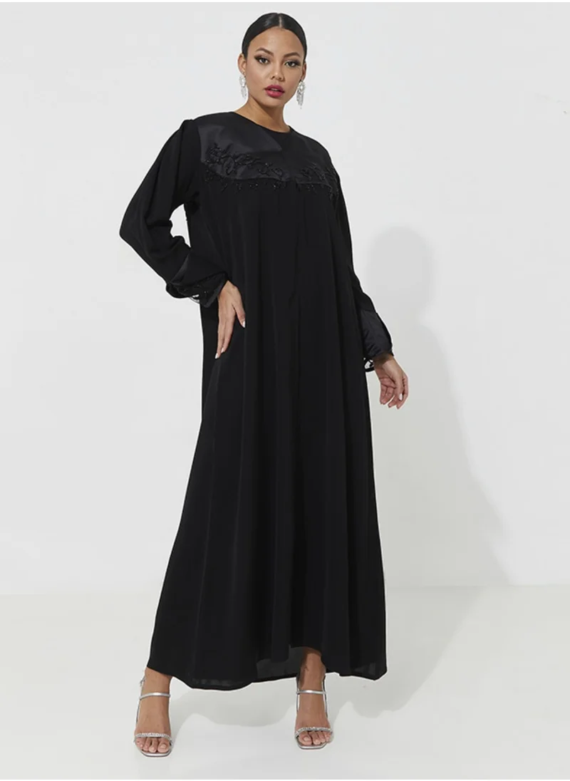 Rosette Abaya Abaya Royal With Black Embroidery Buff Sleeves