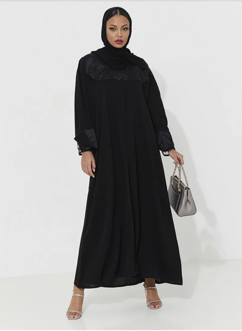 Rosette Abaya Abaya Royal With Black Embroidery Buff Sleeves