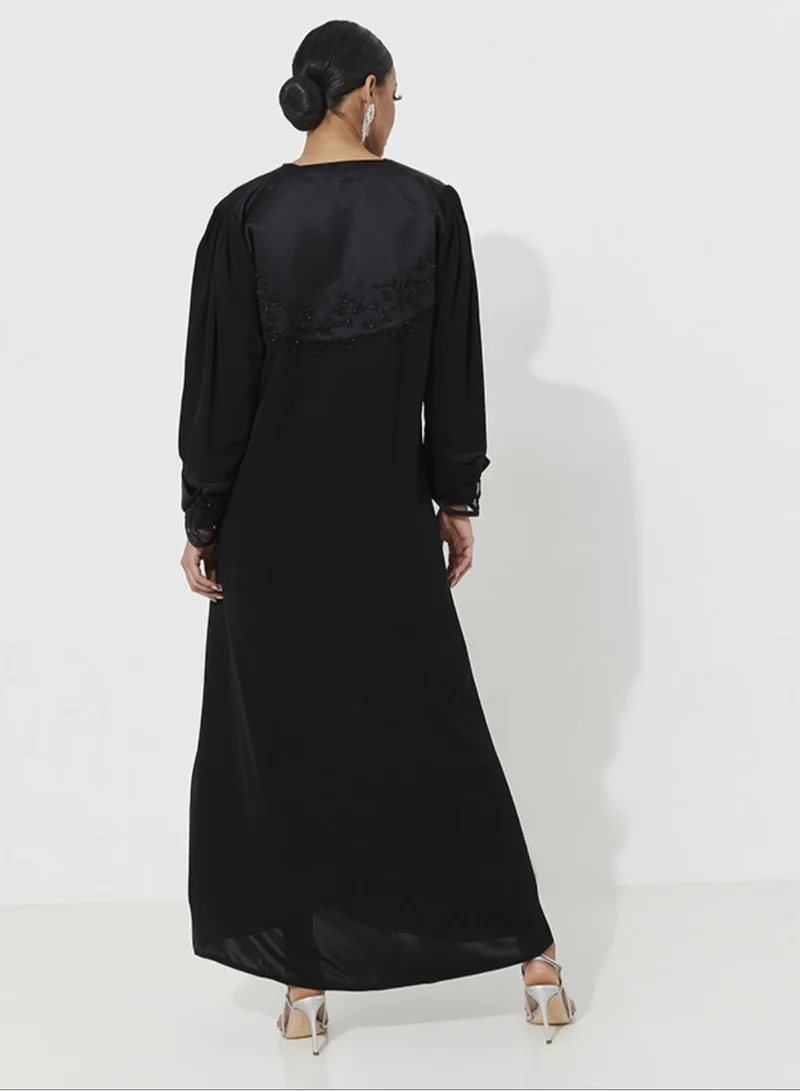 Rosette Abaya Abaya Royal With Black Embroidery Buff Sleeves
