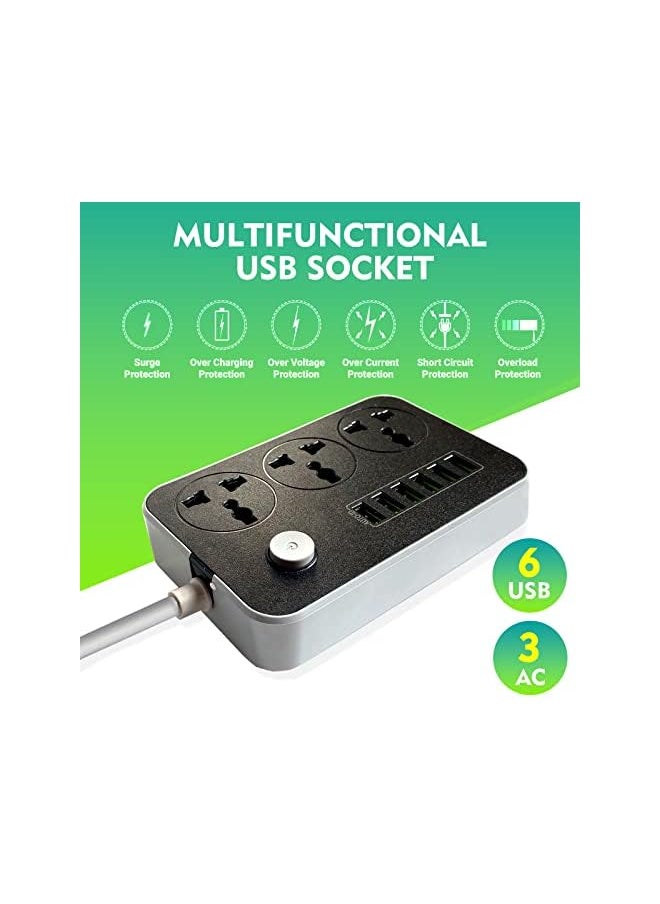 سكاي تاتش شرائط الطاقة وأسلاك التمديد 3 منافذ و6 منافذ USB ومنافذ مقبس الطاقة العالمية مع سلك تمديد جريء بطول 2 متر للمطبخ المنزلي والمكتب باللون الأسود  - Image 2