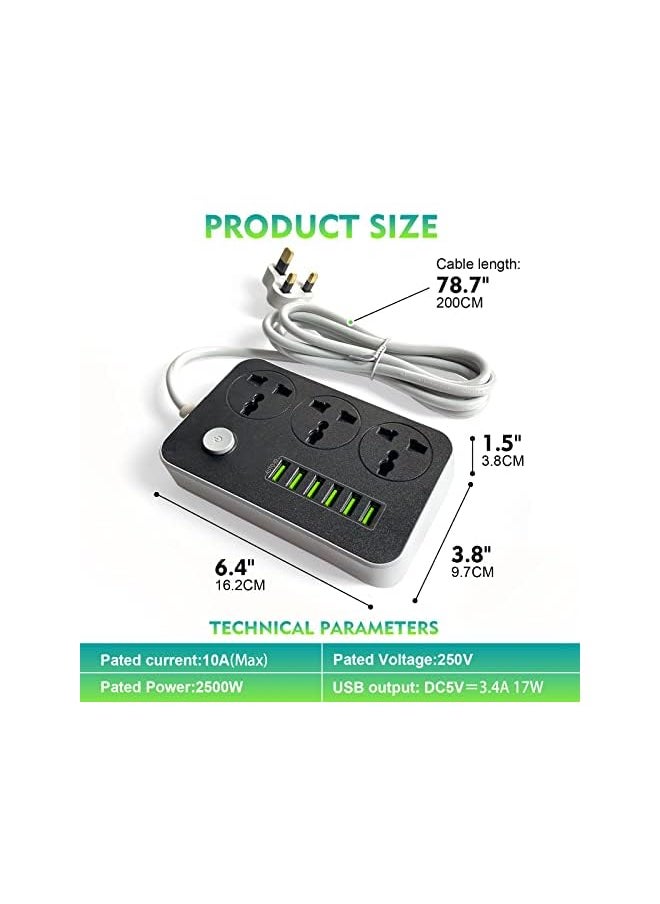 سكاي تاتش شرائط الطاقة وأسلاك التمديد 3 منافذ و6 منافذ USB ومنافذ مقبس الطاقة العالمية مع سلك تمديد جريء بطول 2 متر للمطبخ المنزلي والمكتب باللون الأسود  - Image 4