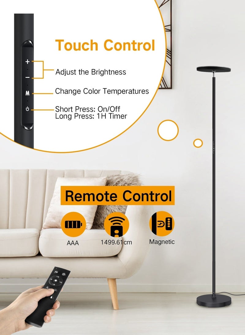 OUTON Floor Lamp with Remote & Touch Control, 30W 3000LM LED Uplighter Floor Lamp, Super Bright Dimmable Tall Standing Lamp with 4 Color Temperatures, 1-Hour Timer Suitable for Living Room, Bedroom, and Office, Black - Image 3
