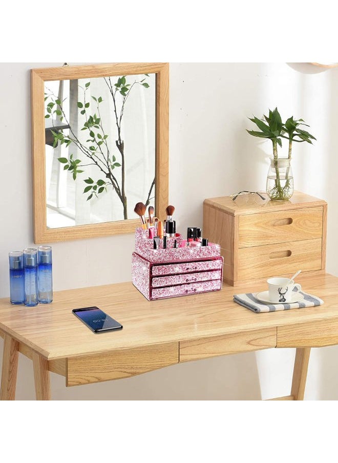 KEYPOWER - Makeup Organizers Drawer Bling Diamond,Countertop Jewelry Cosmetic Storage Display Boxes,Makeup Brush Holder,2 Pieces Set(Purely Handmade)(Pink) - Image 1