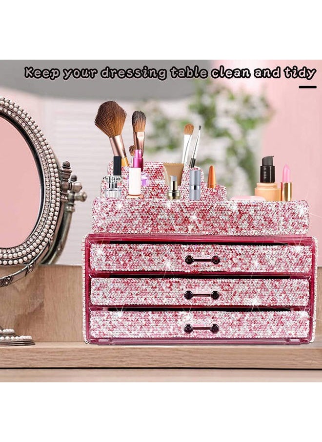 KEYPOWER - Makeup Organizers Drawer Bling Diamond,Countertop Jewelry Cosmetic Storage Display Boxes,Makeup Brush Holder,2 Pieces Set(Purely Handmade)(Pink) - Image 1