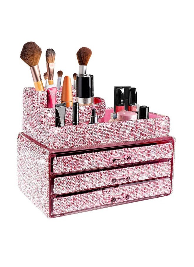 KEYPOWER - Makeup Organizers Drawer Bling Diamond,Countertop Jewelry Cosmetic Storage Display Boxes,Makeup Brush Holder,2 Pieces Set(Purely Handmade)(Pink) - Image 1