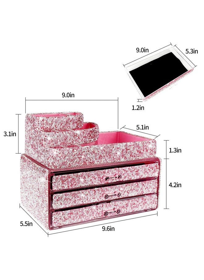 KEYPOWER - Makeup Organizers Drawer Bling Diamond,Countertop Jewelry Cosmetic Storage Display Boxes,Makeup Brush Holder,2 Pieces Set(Purely Handmade)(Pink) - Image 1