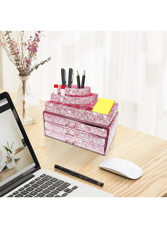 KEYPOWER - Makeup Organizers Drawer Bling Diamond,Countertop Jewelry Cosmetic Storage Display Boxes,Makeup Brush Holder,2 Pieces Set(Purely Handmade)(Pink) - Image 1