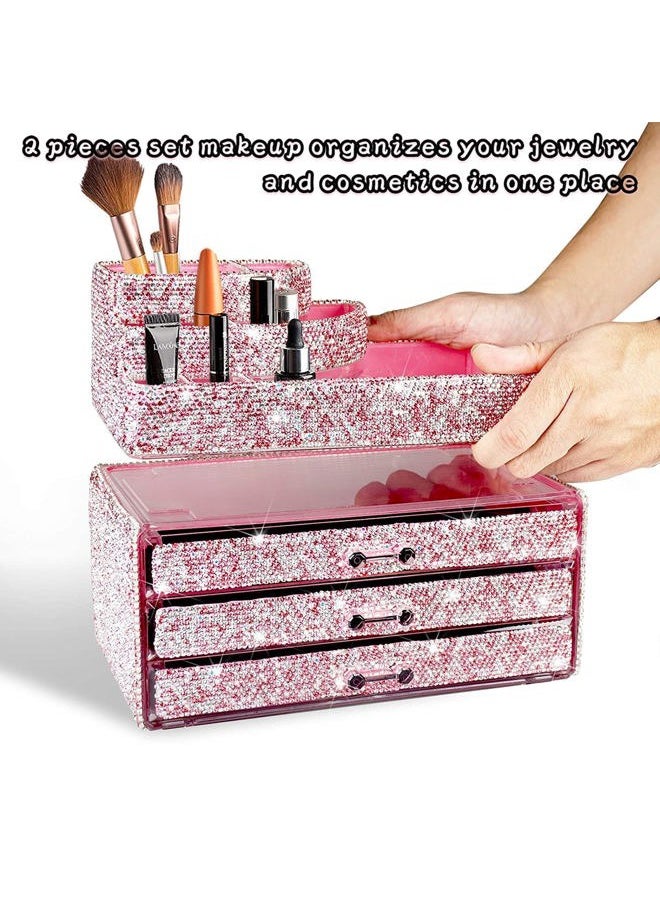 KEYPOWER - Makeup Organizers Drawer Bling Diamond,Countertop Jewelry Cosmetic Storage Display Boxes,Makeup Brush Holder,2 Pieces Set(Purely Handmade)(Pink) - Image 1