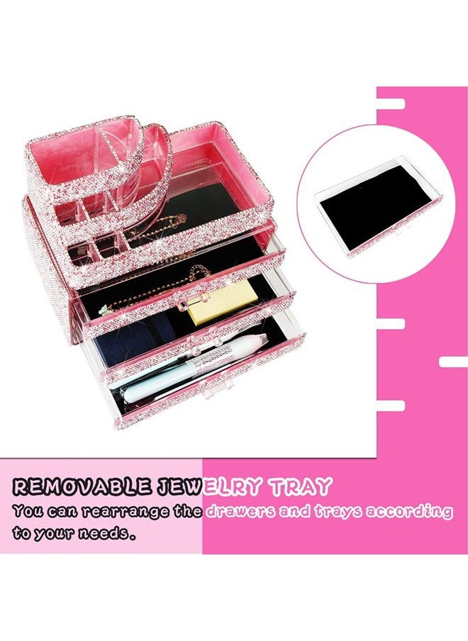 KEYPOWER - Makeup Organizers Drawer Bling Diamond,Countertop Jewelry Cosmetic Storage Display Boxes,Makeup Brush Holder,2 Pieces Set(Purely Handmade)(Pink) - Image 1