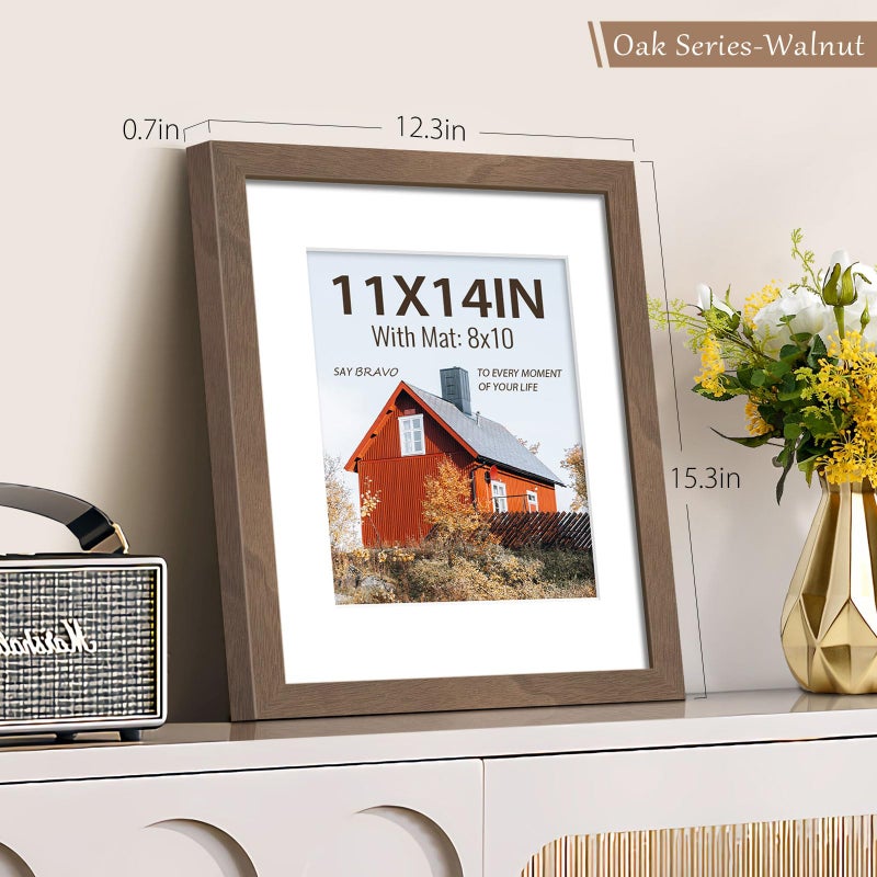 VCK 11x14 Picture Frame 2 Pack, Natural Wood Grain Brown Walnut & HD Glass, Display 8x10 Photos with Mat or 11x14 without Mat, Wall Hanging - Image 2
