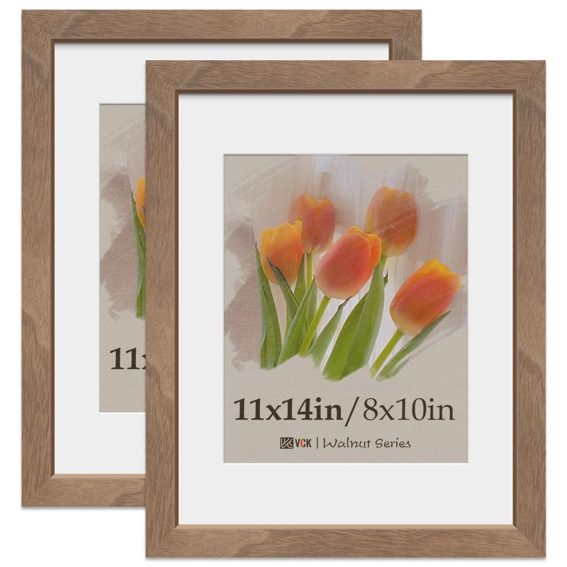 VCK 11x14 Picture Frame 2 Pack, Natural Wood Grain Brown Walnut & HD Glass, Display 8x10 Photos with Mat or 11x14 without Mat, Wall Hanging - Image 1