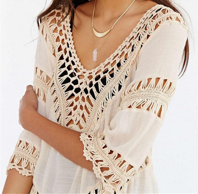 Vanbuy Women s Bohemian Crochet Shirt Tunic Tops Blouses Beach Bikini Coverup Z01-91-Orange Beige - Image 5