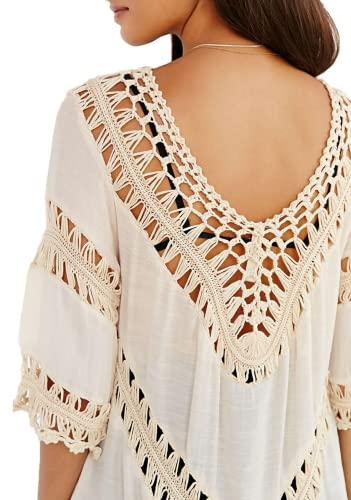 Vanbuy Women s Bohemian Crochet Shirt Tunic Tops Blouses Beach Bikini Coverup Z01-91-Orange Beige - Image 3
