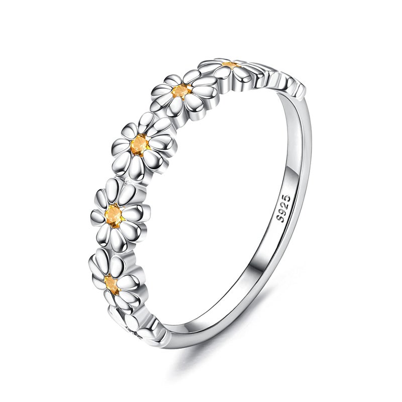 MILACOLATO 925 Sterling Silver Ring 18K Gold Plated Daisy Flower Ring Yellow Cubic Zirconia Polished Sunflower Stacking Statement Wedding Band Ring for Women Valentine's Jewelry Gifts, Size 7 - Image 1