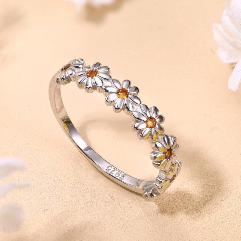 MILACOLATO 925 Sterling Silver Ring 18K Gold Plated Daisy Flower Ring Yellow Cubic Zirconia Polished Sunflower Stacking Statement Wedding Band Ring for Women Valentine's Jewelry Gifts, Size 7 - Image 5