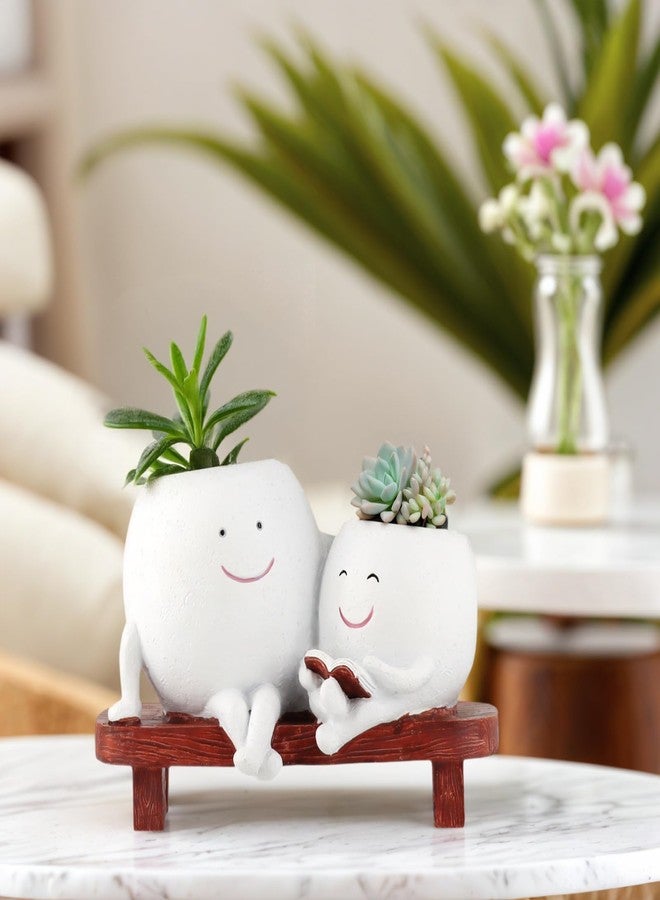 Meltset M Face Planters Pots Head for Indoor Plant,Unique Cute Planters Sitting on Bench Double Head,Smile Face Flower Pot with Drainage, Novelty Plant Pot for Succulent Cactus,Great Gift (White) - Image 2
