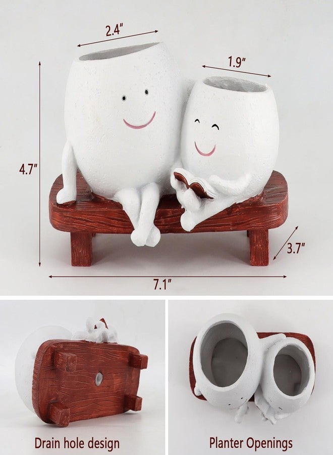 Meltset M Face Planters Pots Head for Indoor Plant,Unique Cute Planters Sitting on Bench Double Head,Smile Face Flower Pot with Drainage, Novelty Plant Pot for Succulent Cactus,Great Gift (White) - Image 4