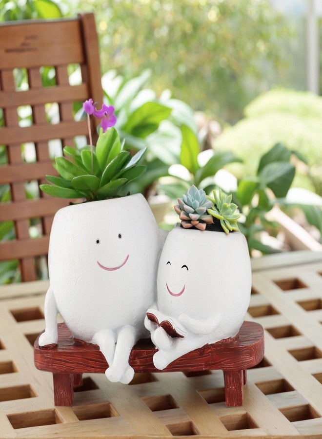 Meltset M Face Planters Pots Head for Indoor Plant,Unique Cute Planters Sitting on Bench Double Head,Smile Face Flower Pot with Drainage, Novelty Plant Pot for Succulent Cactus,Great Gift (White) - Image 5