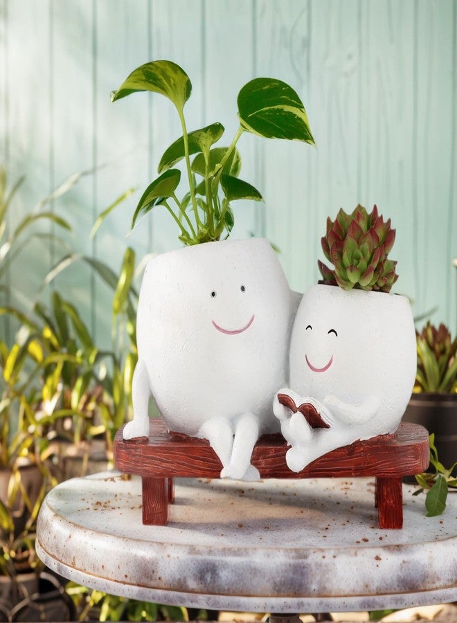 Meltset M Face Planters Pots Head for Indoor Plant,Unique Cute Planters Sitting on Bench Double Head,Smile Face Flower Pot with Drainage, Novelty Plant Pot for Succulent Cactus,Great Gift (White) - Image 3