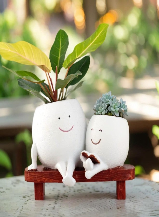 Meltset M Face Planters Pots Head for Indoor Plant,Unique Cute Planters Sitting on Bench Double Head,Smile Face Flower Pot with Drainage, Novelty Plant Pot for Succulent Cactus,Great Gift (White) - Image 1