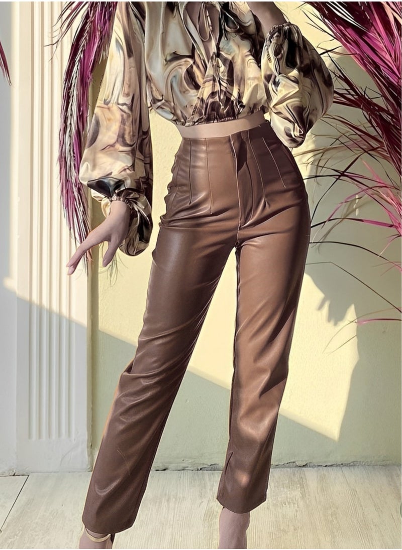 JOY - High waist brown vegan Turkish leather pants - Image 1