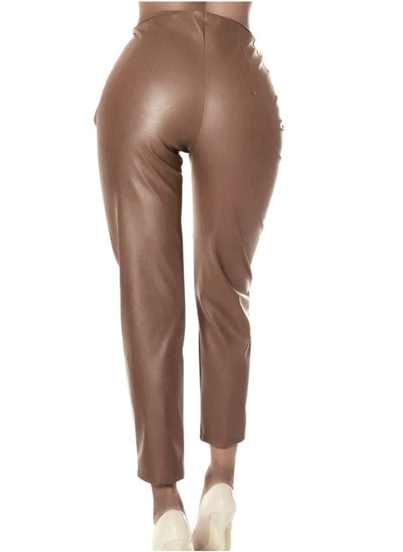 JOY - High waist brown vegan Turkish leather pants - Image 1