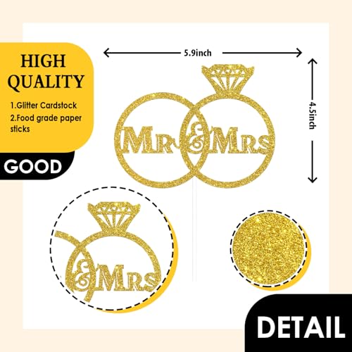 Karoo Jan Gold Diamond Ring Mr and Mrs Cake Topper for Wedding, Bride to Be, Groom Bridal Shower Party Decoration (Acrylic) - Image 2