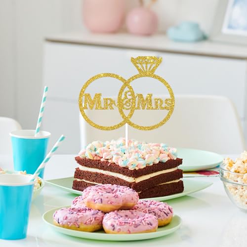 Karoo Jan Gold Diamond Ring Mr and Mrs Cake Topper for Wedding, Bride to Be, Groom Bridal Shower Party Decoration (Acrylic) - Image 3