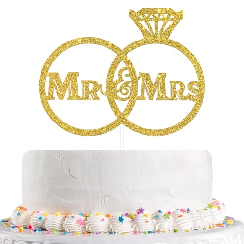 Karoo Jan Gold Diamond Ring Mr and Mrs Cake Topper for Wedding, Bride to Be, Groom Bridal Shower Party Decoration (Acrylic) - Image 1